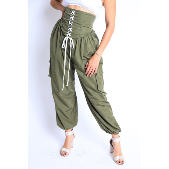 Boutique Pants - Women's Casual High Waist Cargo Pocket Drawstring Snatch Me Jogger Pants Comfy